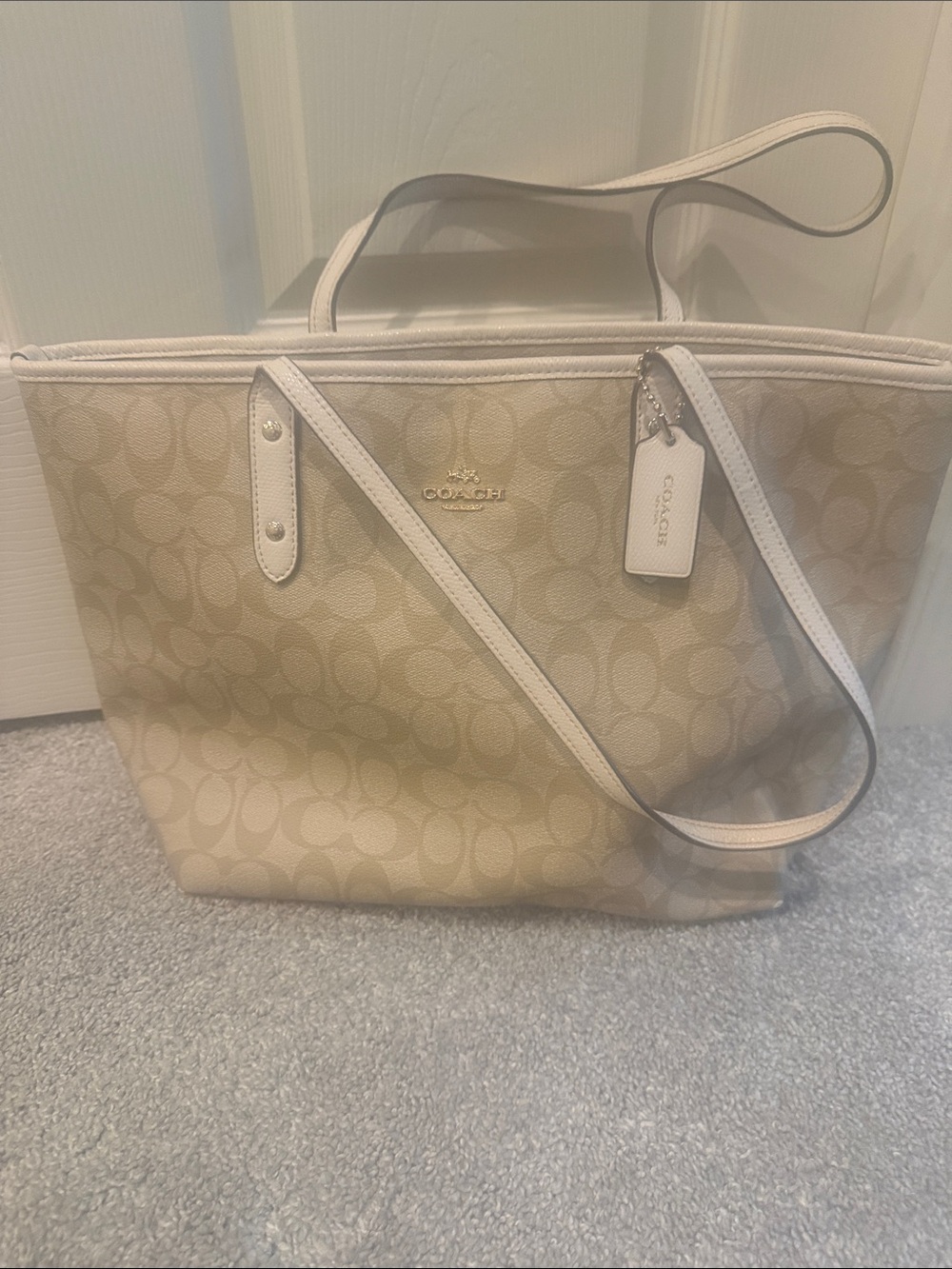 Coach Signature Canvas Tote in Beige and Chalk Trim